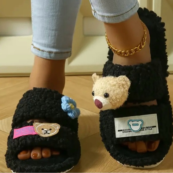 Cute Black Fuzzy Bear Slippers - Picture 3 of 6
